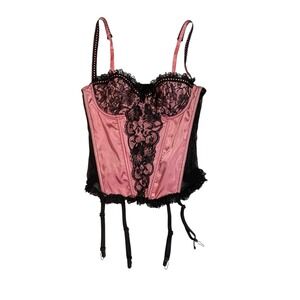 Fredericks of Hollywood Pink Satin & Black Lace Bustier Lingerie Women's Sz 34